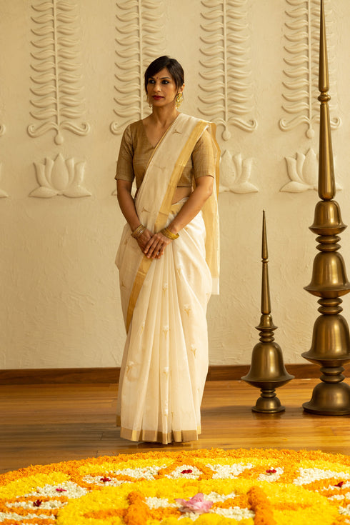 Handwoven Chanderi Cotton Silk White & Gold Tulip Saree